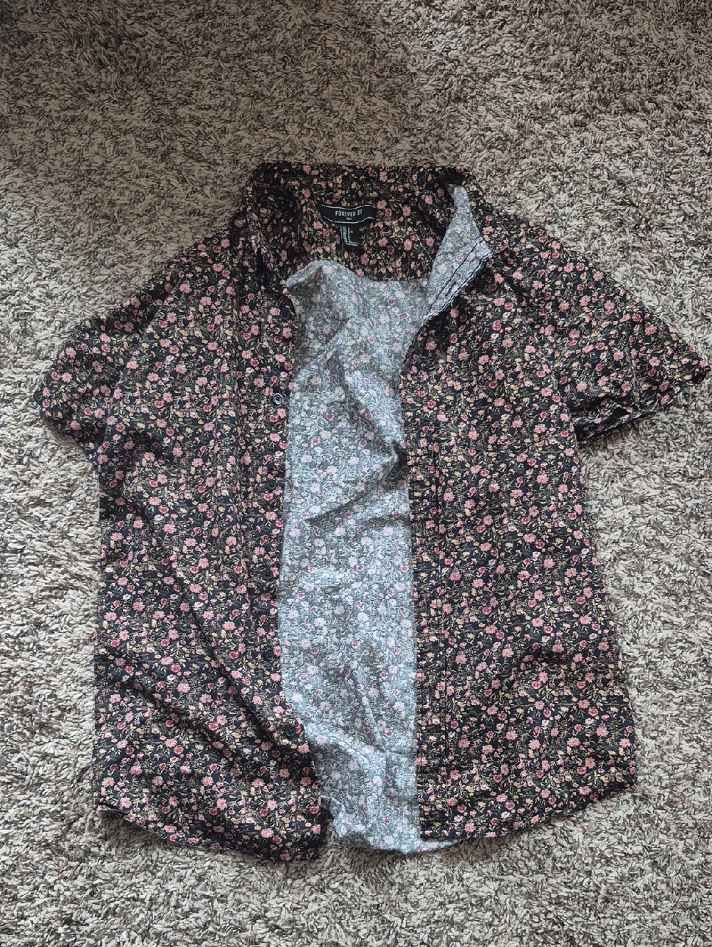 Forever 21 Black Short-Sleeve Button-Up Shirt with Pink Floral Print